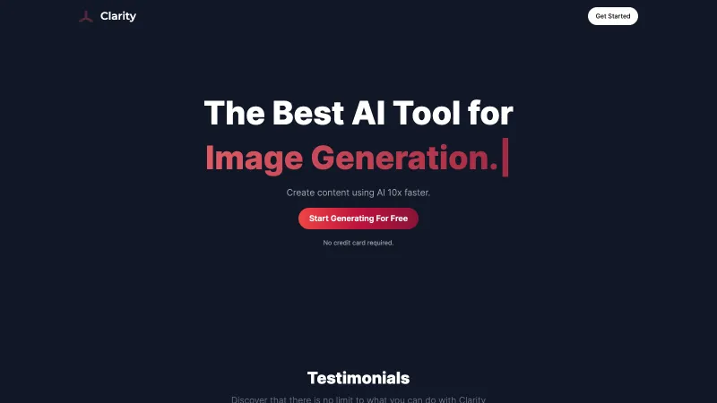 ClarityGPT landing page with animated typewriter hero cycling through AI tools like image generation