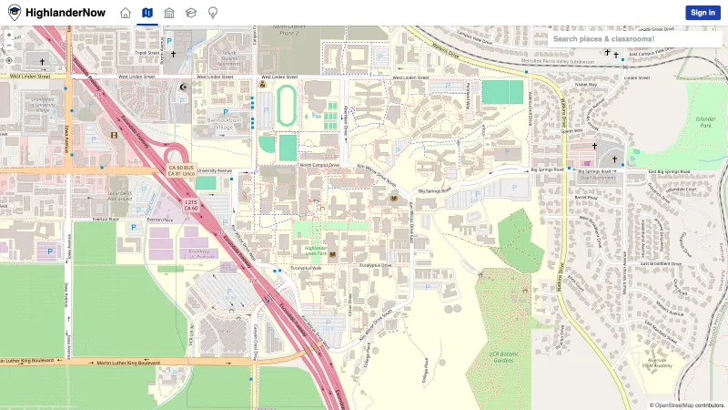 HighlanderNow interactive UCR campus map with building search, parking lots, and classroom navigation