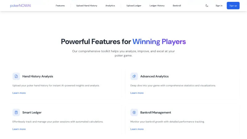 PokerNow AI feature suite - hand history analysis, advanced analytics, smart ledger, and bankroll management