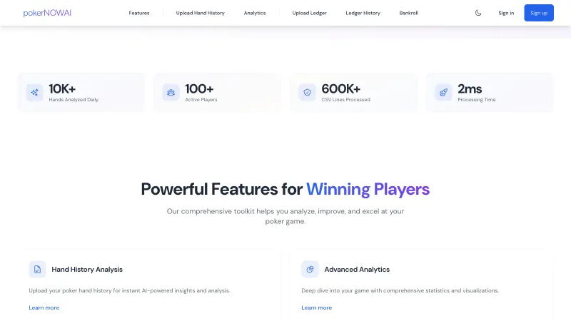 PokerNow AI live platform stats - 10K+ hands analyzed daily, 600K+ CSV lines processed, 2ms processing time