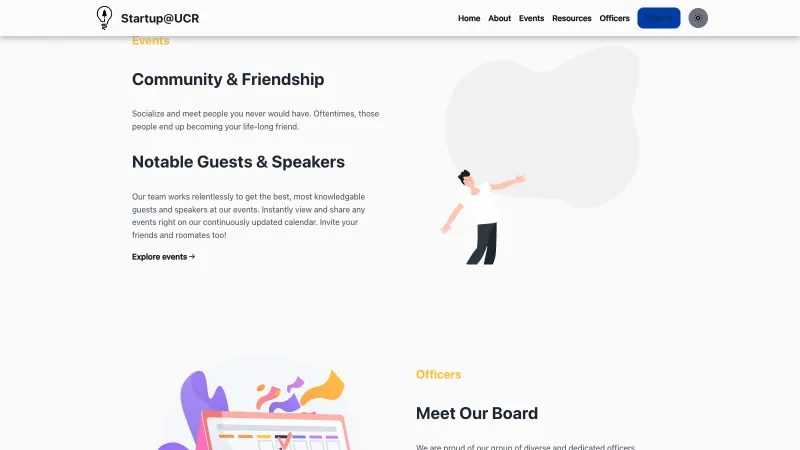 Startup@UCR events section - community events with notable guests and speakers on a shared calendar